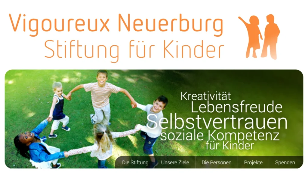 Vigoureux Neuerburg Stiftung für Kinder: Website: Logo und Headergrafik der Startseite: Kreativität, Lebensfreude, Selbstvertrauen, soziale Kompetenz für Kinder